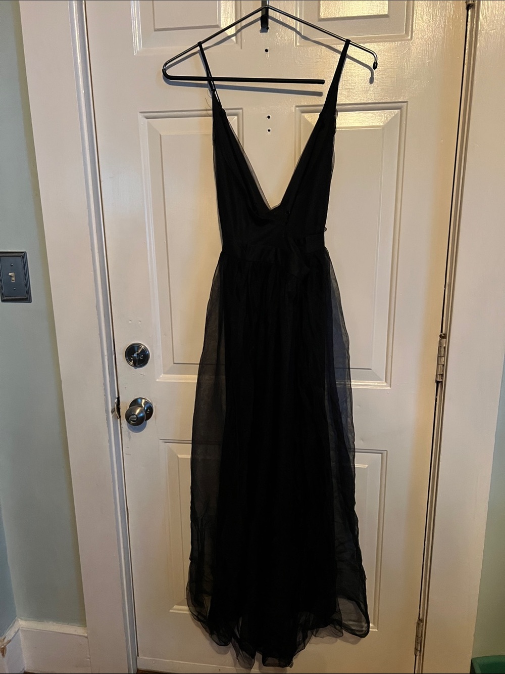 Black V-Neck Spaghetti Strap Evening Dress - Picture 8 of 10
